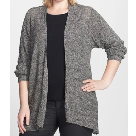Eileen Fisher Washable Wool & Linen Stripe Cardigan Black & Cream XS - Picture 1 of 15